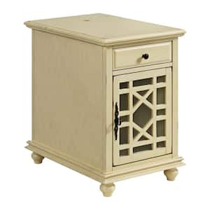 Elegant 16 in. Antique Cream White Rectangle Wood Chairside End Table with Power