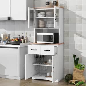 Freestanding White Wooden Kitchen Cabinet Microwave Cabinet with Framed Glass Doors and Drawer