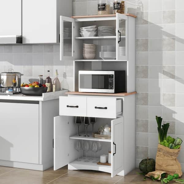 Nestfair Freestanding White Wooden Kitchen Cabinet Microwave Cabinet with Framed Glass Doors and Drawer