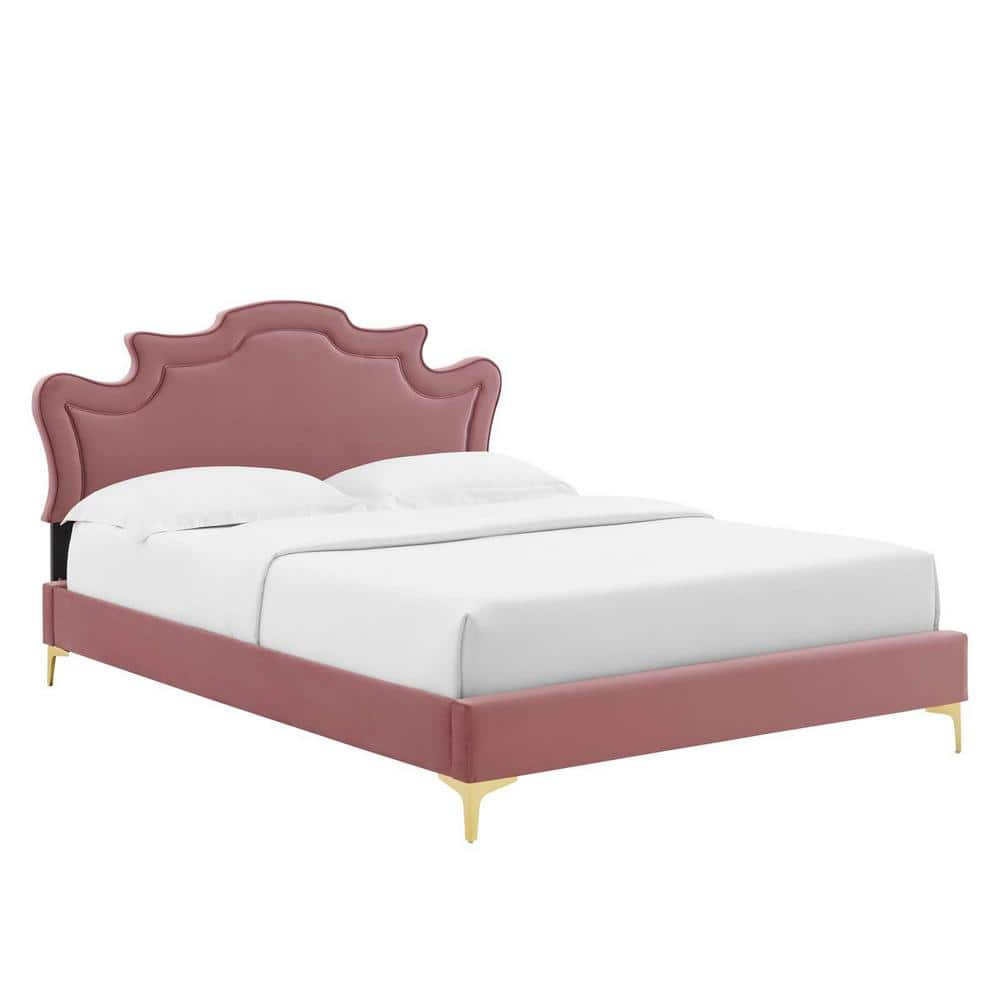 MODWAY Neena Red Performance Velvet Frame Queen Platform Bed With ...