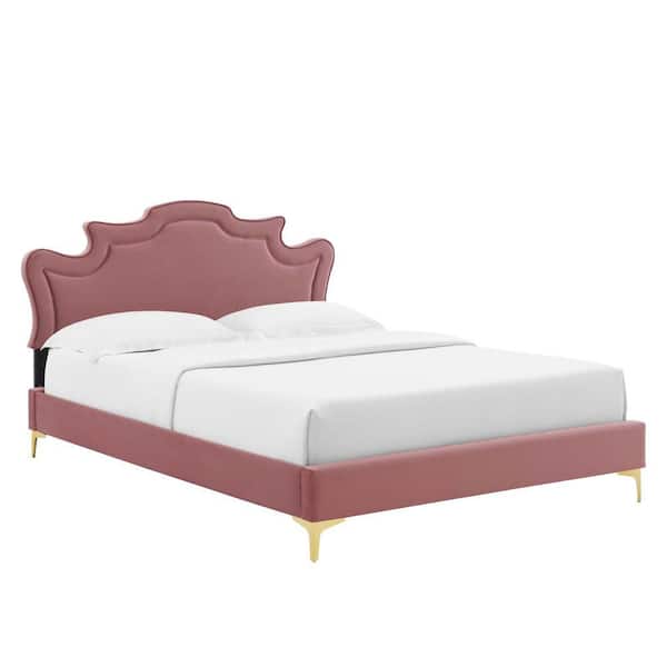 MODWAY Neena Red Performance Velvet Frame Queen Platform Bed with Reinforced Center Beam