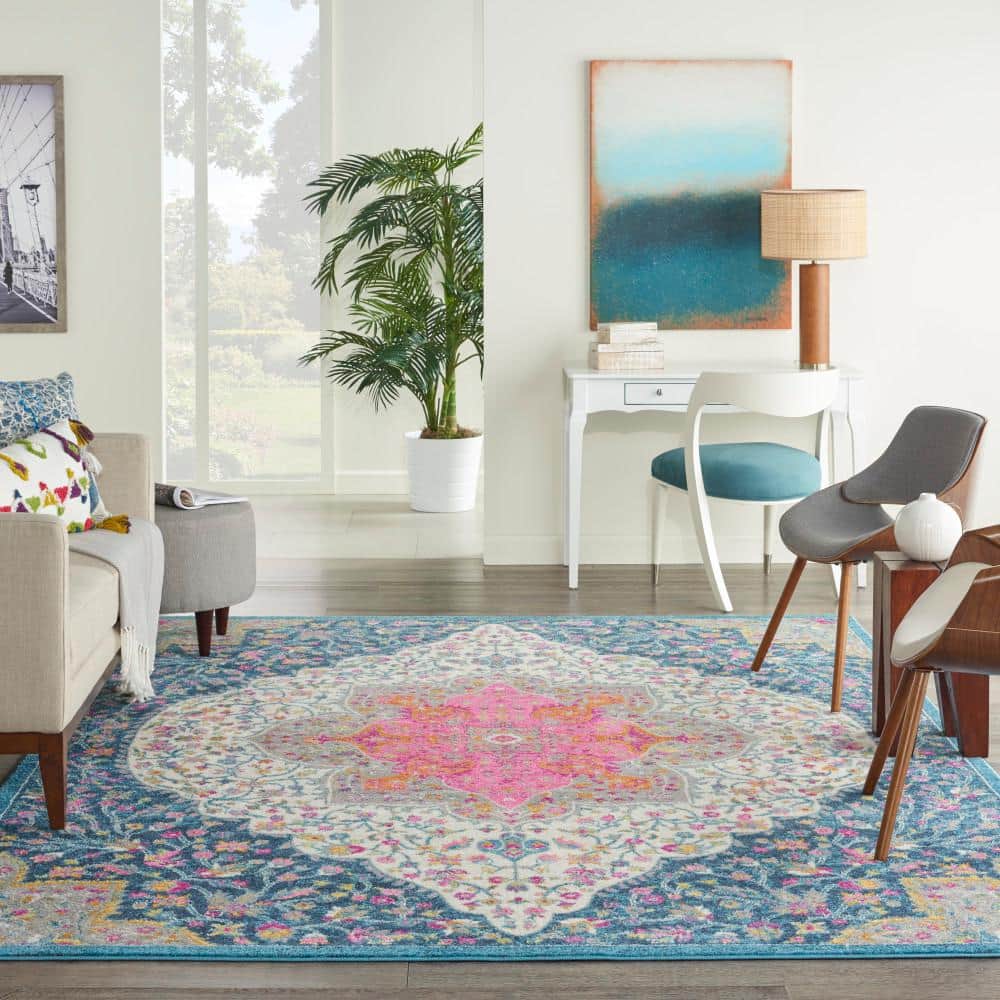 Blue and Pink Floral Synthetic 8' x 10' Reversible Rug
