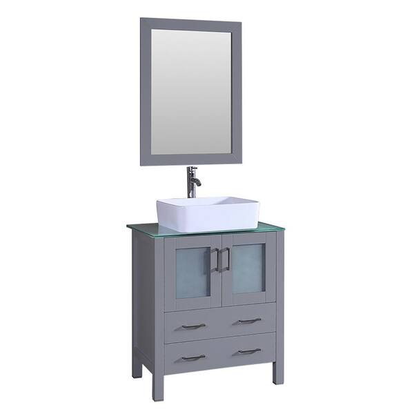 Bosconi 30 in. W Single Bath Vanity with Tempered Glass Vanity Top in Green with White Basin and Mirror