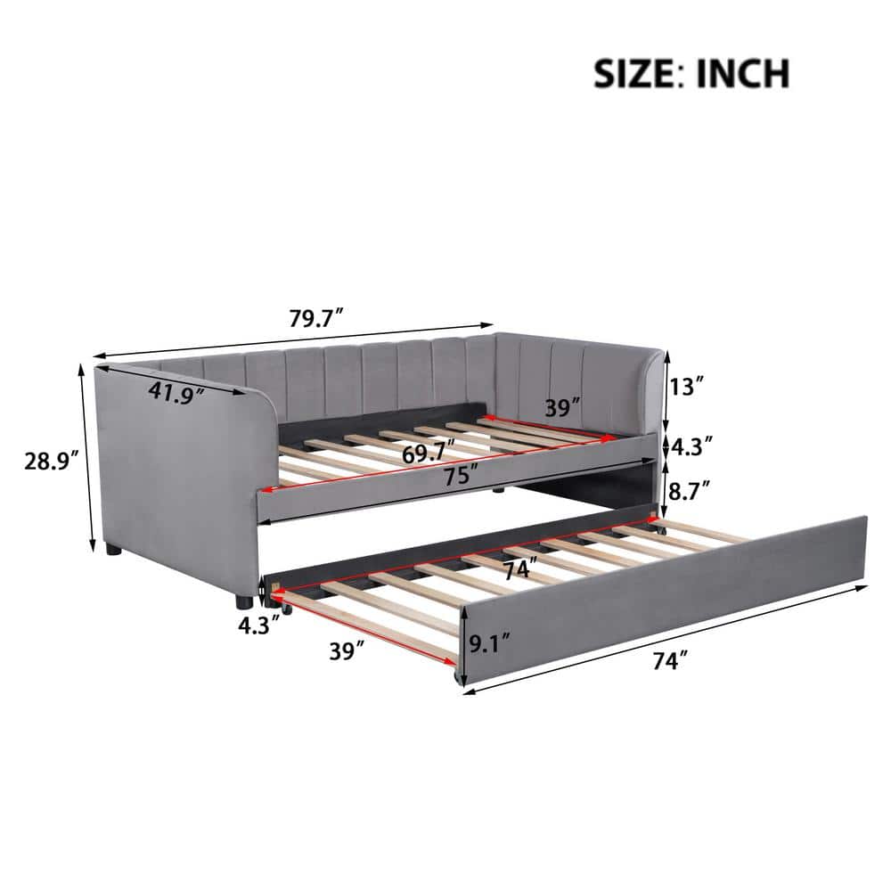 Gray Velvet Upholstered Twin Daybed with Trundle and Wood Frame