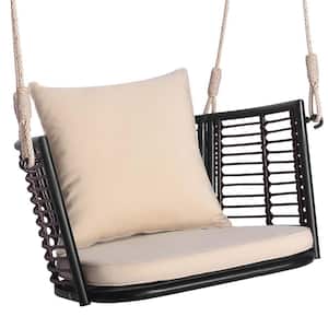 Outdoor Hanging Rattan Basket Chair Wicker Porch Swing Hammock Chair with Beige Cushion