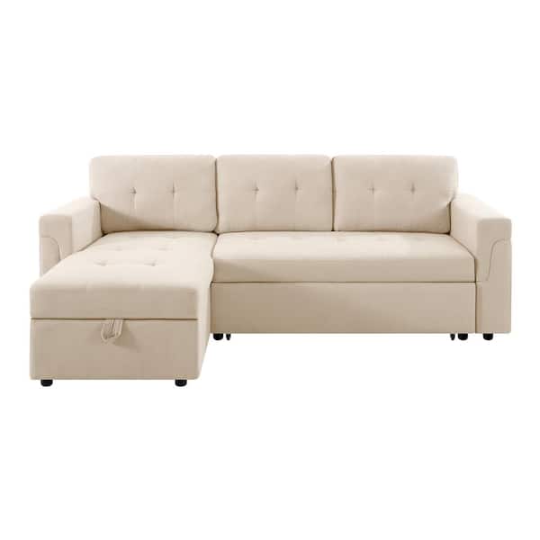 MAYKOOSH 84.64 in. W Square Arm 1-Piece Velvet L-Shaped Sectional Sofa in Beige with Chaise
