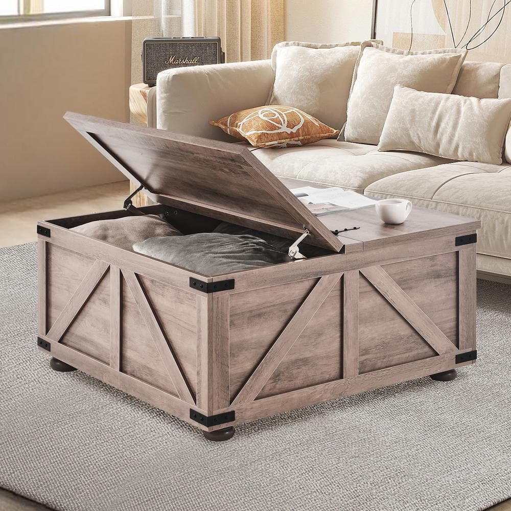 Gray-Brown Wood Square Lift-Top Coffee Table with Storage