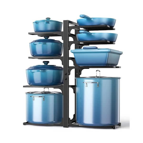20.8 in. H Black Adjustable Standing 8-Tier Heavy Duty Pot Rack, Under Cabinet Pots and Pans Organizer Storage Rack