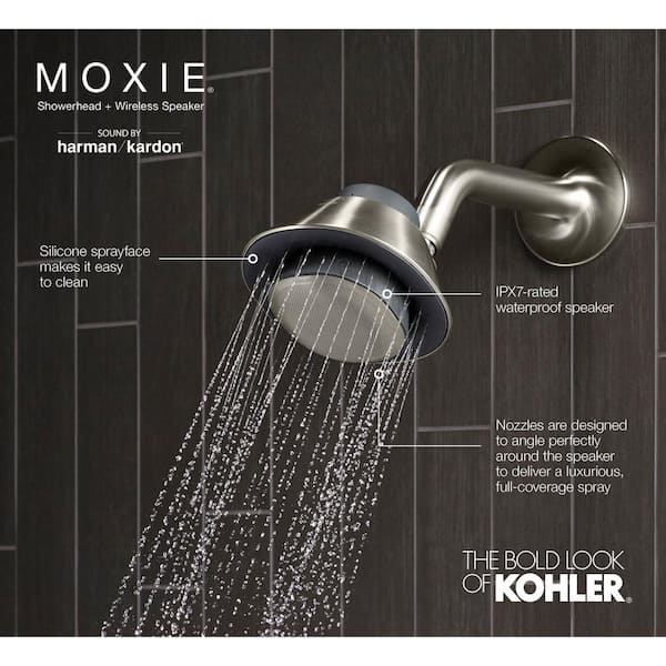 Kohler Moxie 2 5 Gpm Shower Head With Waterproof Speaker Featuring Bluetooth Wireless Technology And Sound By Harman Kardon K 28238 Nke Bn The Home Depot