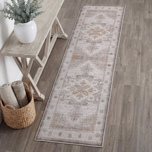 Eleanor Vintage Medallion Border Machine-Washable Cream/Beige 2 ft. x 8 ft. Runner Rug