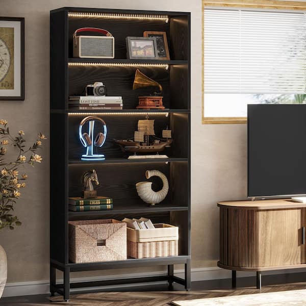 71 in. Tall Black 5-Shelves Standard Wooden Bookcases with Open Storage and LED Strips