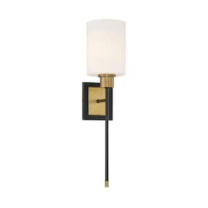 Alvara 5.5 in. W x 22.5 in. H 1-Light Matte Black with Warm Brass Accents Wall Sconce with White Opal Glass Shade