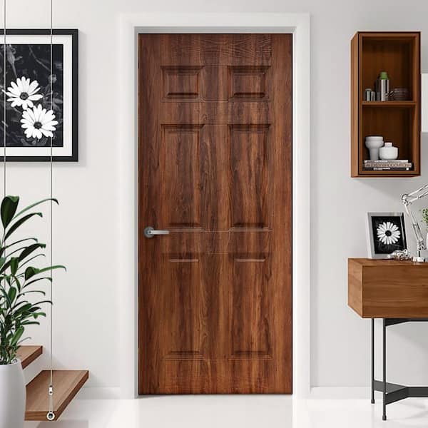 CALHOME 30 in. x 80 in. Walnut Texture 6 Panel Hollow Core