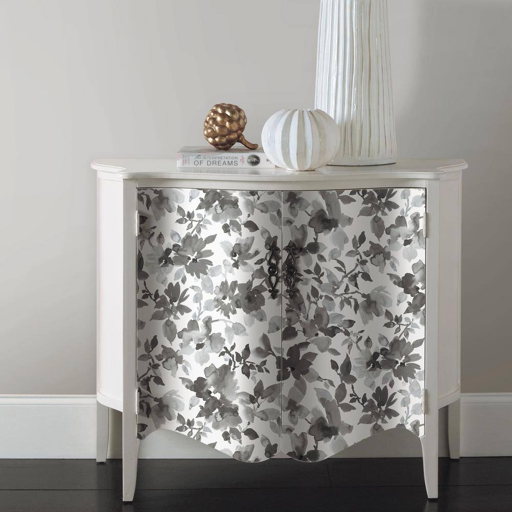 Black and White Watercolor Floral Peel and Stick Wallpaper Roll