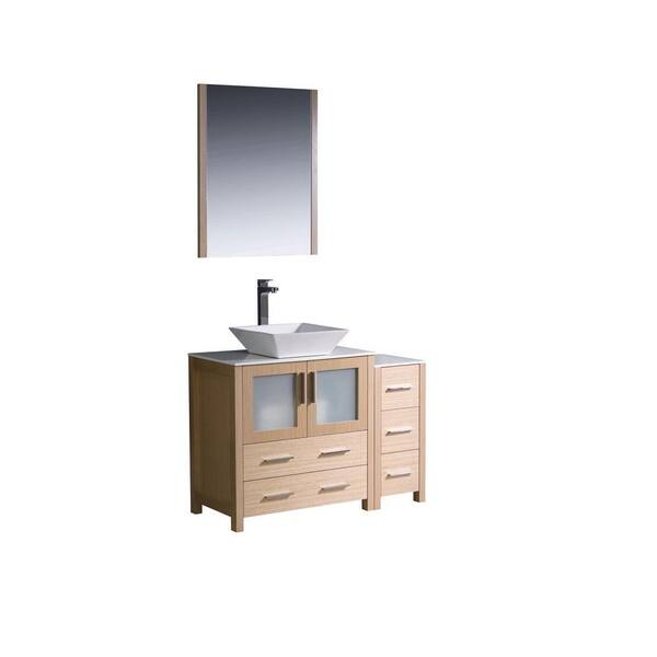 Fresca Torino 42 in. Vanity in Light Oak with Glass Stone Vanity Top in White with White Basin and Mirror