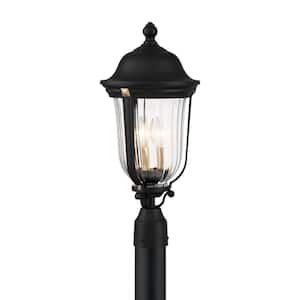 Peale Street 3-Light Sand Black and Vermeil Gold Outdoor Lantern Post Mount with Clear Ribbed Glass