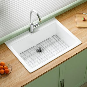 30 in Drop in Kitchen Sink Topmount Single Bowl White Fireclay Kitchen Sink 1 Faucet Hole with Bottom Grid and Strainer