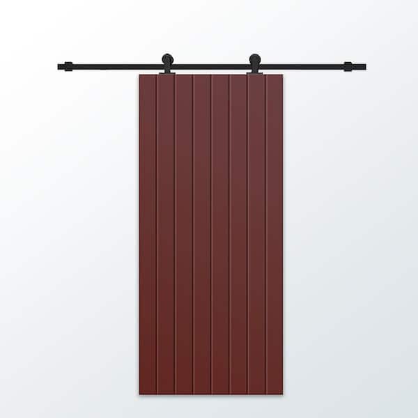 CALHOME 30 in. x 96 in. Maroon Painted Composite MDF Paneled Interior Sliding Barn Door with Hardware Kit