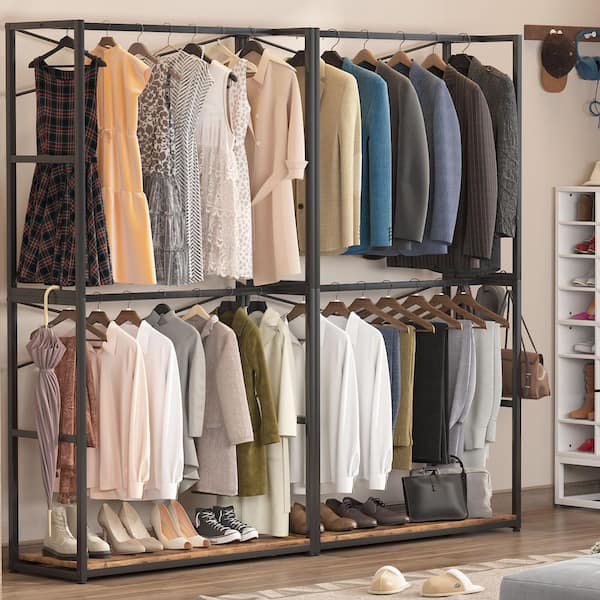 Extra Tall 47 Inches Double Rod Closet Shelf Freestanding 3 Shelves Clothes Clothing Garment Racks - Brown&Black
