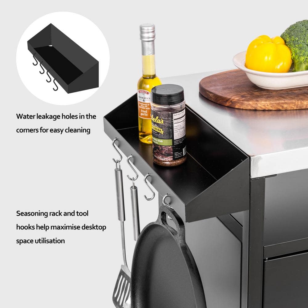 Black and Silver Stainless Steel Outdoor Grill Cart with Storage