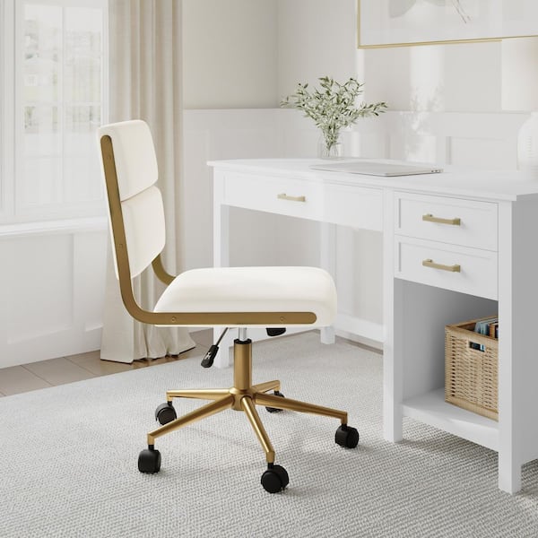 Lulu Faux Leather Upholstered Swivel Office Chair in Off White Faux Leather/Polished Brass Frame