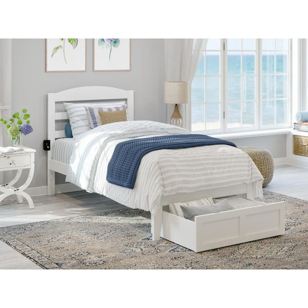 AFI Warren 38-1/4 in. W White Twin Solid Wood Frame with Foot Drawer and Attachable USB Device Charger Platform Bed