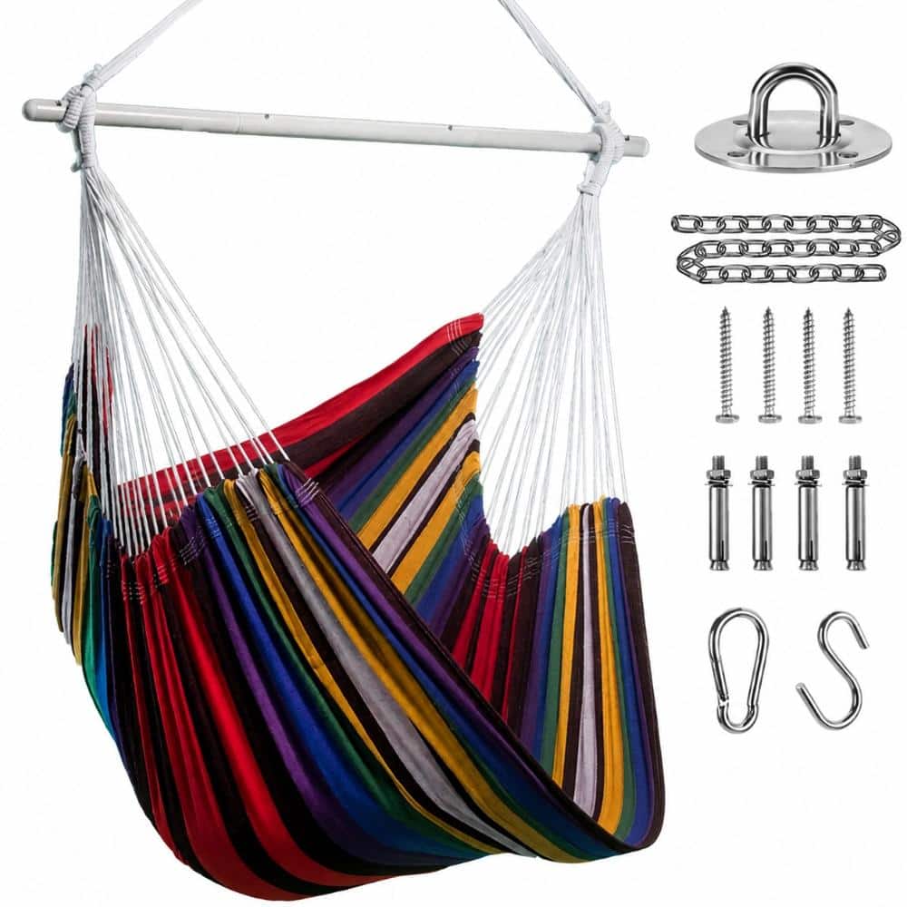 XXL Rainbow Hammock Chair Hanging Rope Swing 63x47 in with 2 Cushions, 500 lb Capacity, Full Hardware Kit Included