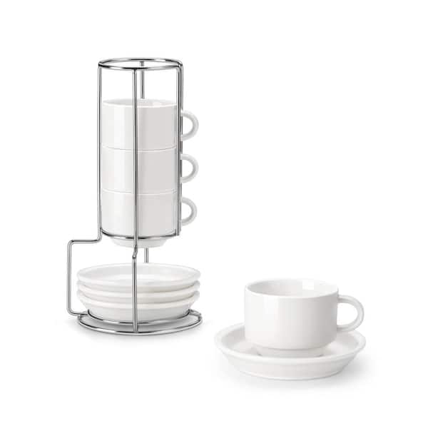 2.5 Ounce White Porcelain Espresso Cups with Saucers and Metal Stand Set of 4 for Coffee and Tea