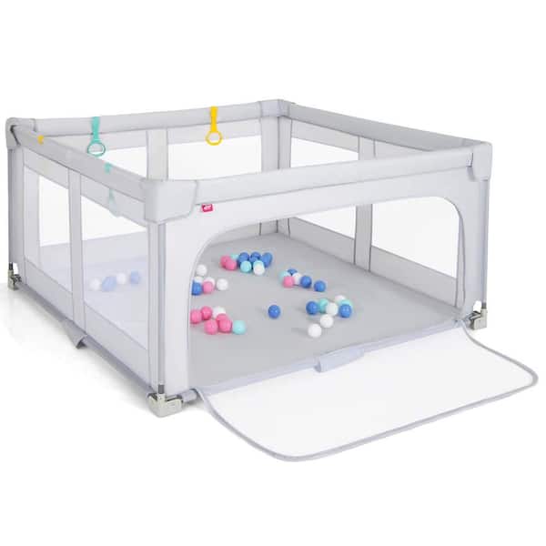 Large Baby Playpen 59 in. x 59 in. Playset with Zipper Gate 50 Ocean Balls and 4 Pull-up Rings