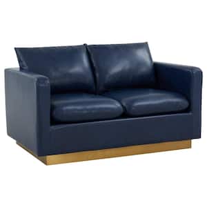 Nervo 55" Mid-Century Modern Upholstered Leather 2-Seater Loveseat With Gold Frame in Navy Blue