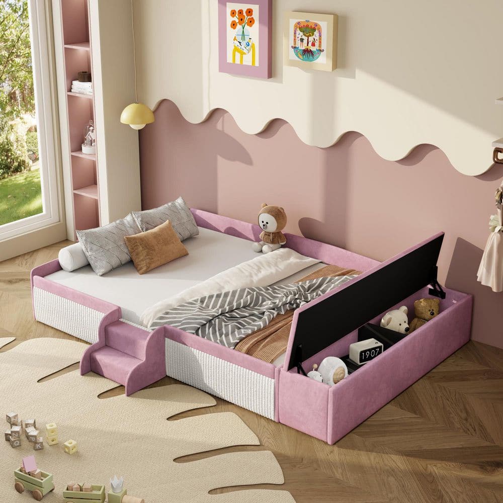 Cathy Pink+White Wood Frame Velvet Upholstered Full Platform Bed Kids Bed with Storage Ottoman, Staircase, Guardrails price history on PriceWatchPro