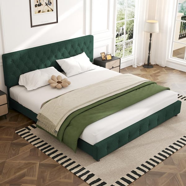 JEAREY Green King Linen Upholstered Storage Platform Bed Frame with Headboard