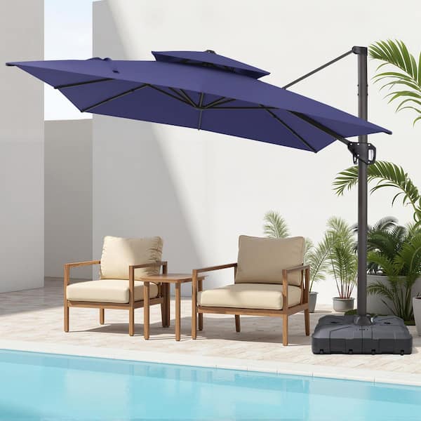 Pellebant 11 ft. x 9 ft. Aluminum Dual-Top 360° Rotation Offset Outdoor Cantilever Patio Umbrella in Navy with Fillable Base