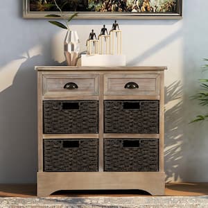 Rustic Whitewashed Wooden Storage Cabinet Console Table with 2-Drawers and 4-Rattan Basket for Dining Room and Entryway
