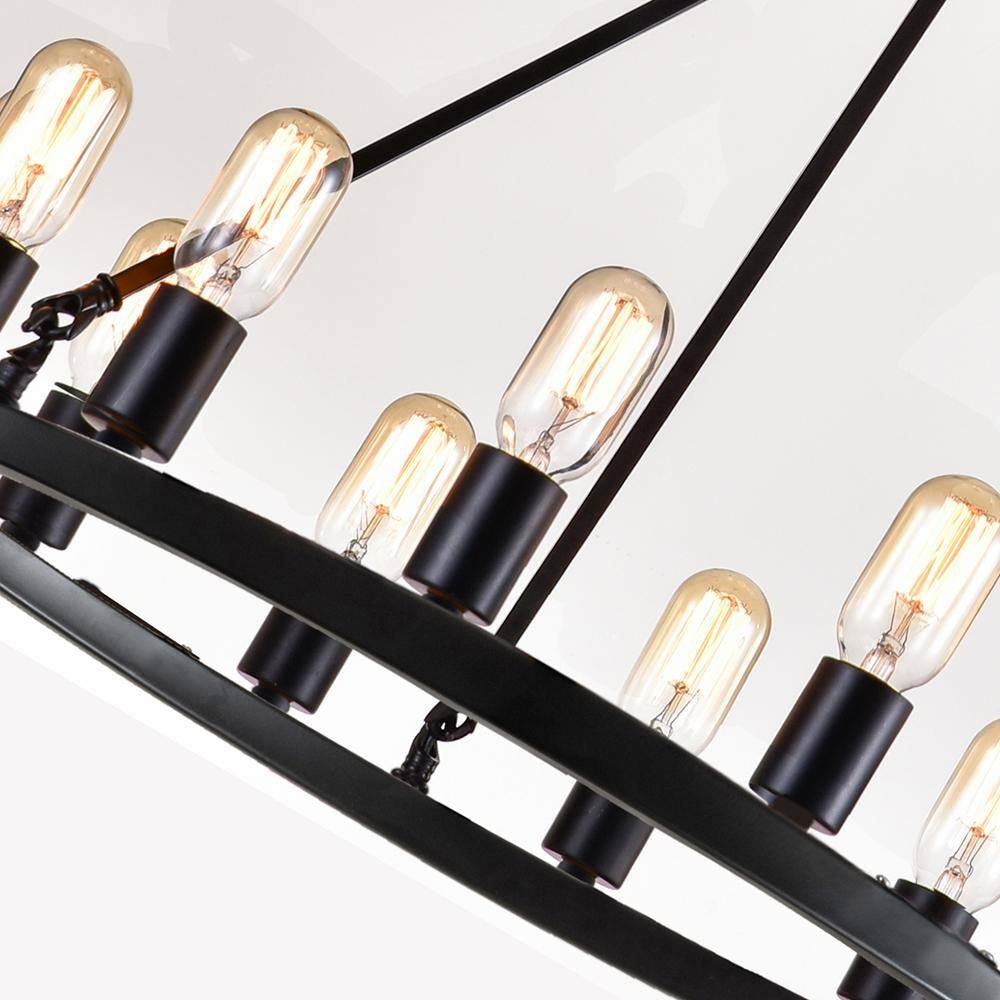 Black Metal 12-Light Wagon Wheel Chandelier with Candle Bulbs
