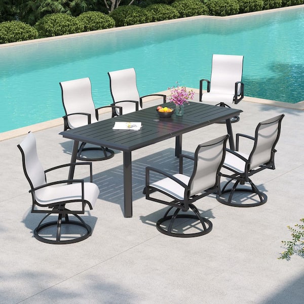 Pellebant 7 Pieces 83 in. Patio Aluminum Outdoor Dining Set with 360° Rotating Dining Armchair in Augustine Oyster, Umbrella Hole