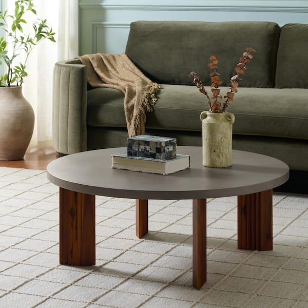 Basilio 35.5 in. Light Gray/Natural Round Wood Coffee Table