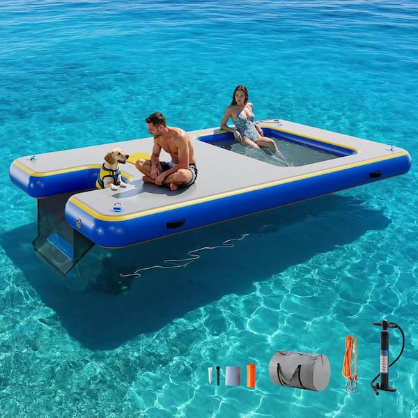 Inflatable Floating Dock 10ft. x 6ft. with Mesh Area, Non-Slip PVC Surface, Gray and Blue, 5-7 People Use
