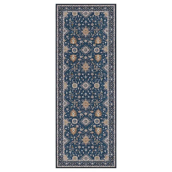Aure Chenille Blue 2 ft. x 8 ft. Woven Floral Polyester Area Rug