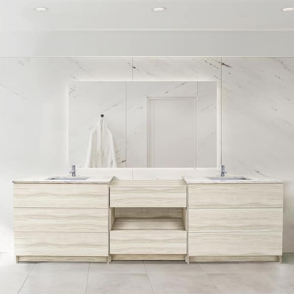 Ella Element 102 in. W x 22 in. D x 35 in. H Double Sink Bath Vanity in Light Oak with Lyra White Quartz Top