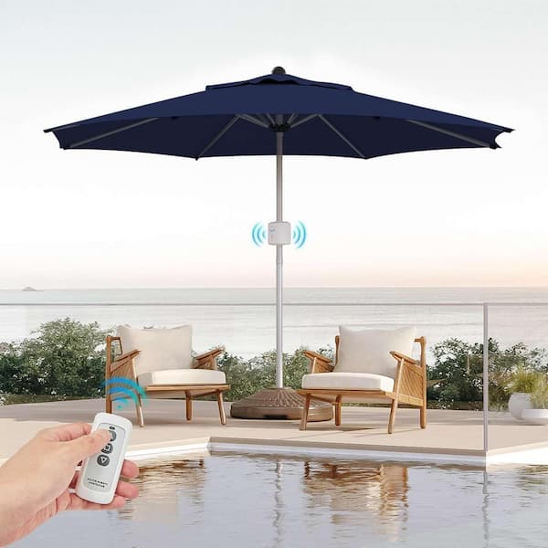 PASAMIC 9 ft. Aluminum Automatic Patio Umbrella Outdoor Market Umbrella Remote Button Controls and UV-Resistant in Navy Blue