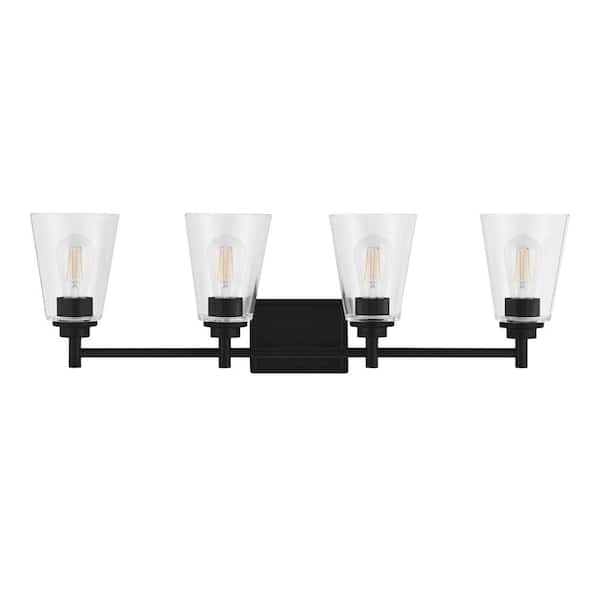 Wakefield 31 in. 4-Light Matte Black Modern Vanity with Clear Glass Shades