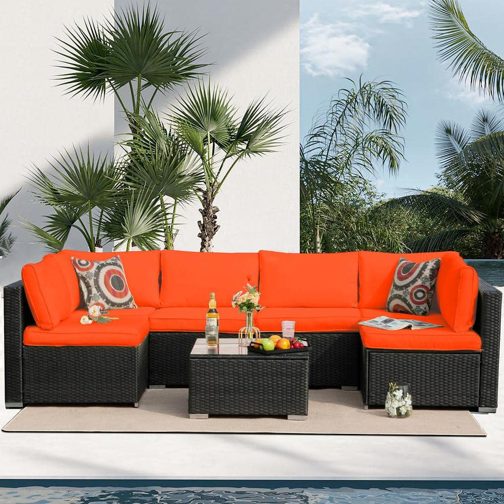 7-Piece Black Rattan Wicker Outdoor Patio Sectional Sofa Set with Orange Cu