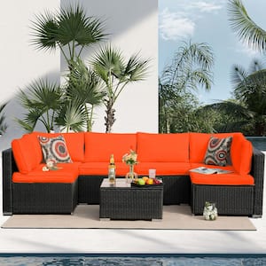 7-Piece Black Rattan Wicker Outdoor Patio Sectional Sofa Set with Orange Cushions and 2 Pillows