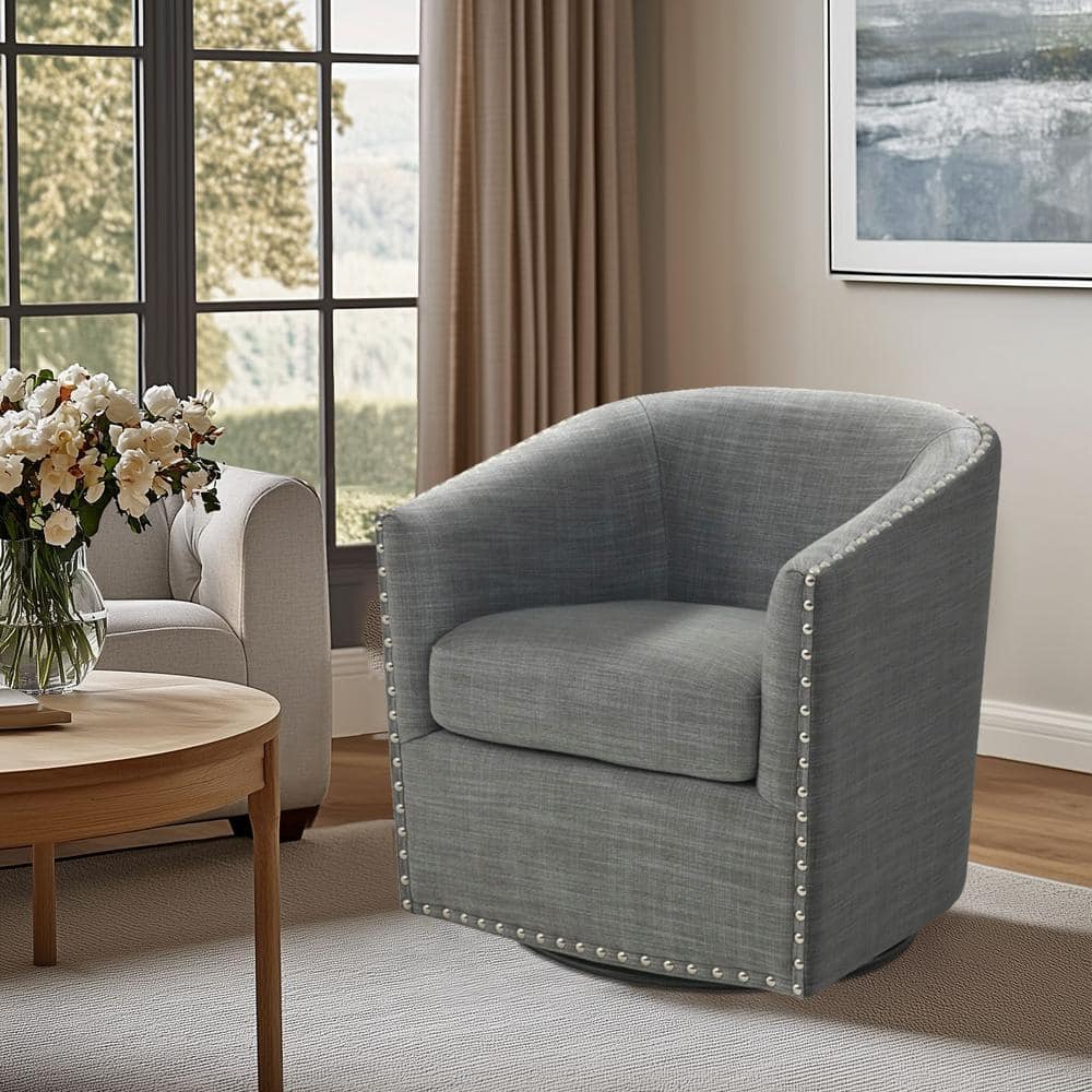 Elegant Gray Barrel Swivel Lounge Chair with Silver Nailheads