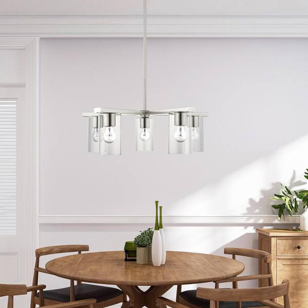 Brushed Nickel Finish with Satin White Acrylic Glass with Off-White Fabric Shade with Clear Crystal Five Light Chandelier Livex Lighting 51034-91 Carlisle