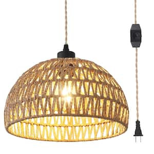 Derica 1-Light Brown Plug-In Woven Rattan Dome Boho Pendant Light with Hand-Woven Rattan Shade with 14.76 ft. Cord