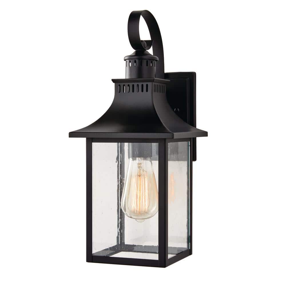 Hampton Bay Edgehill 1-Light Matte Black Hardwired Outdoor Wall Lantern Sconce with Clear Seeded Glass