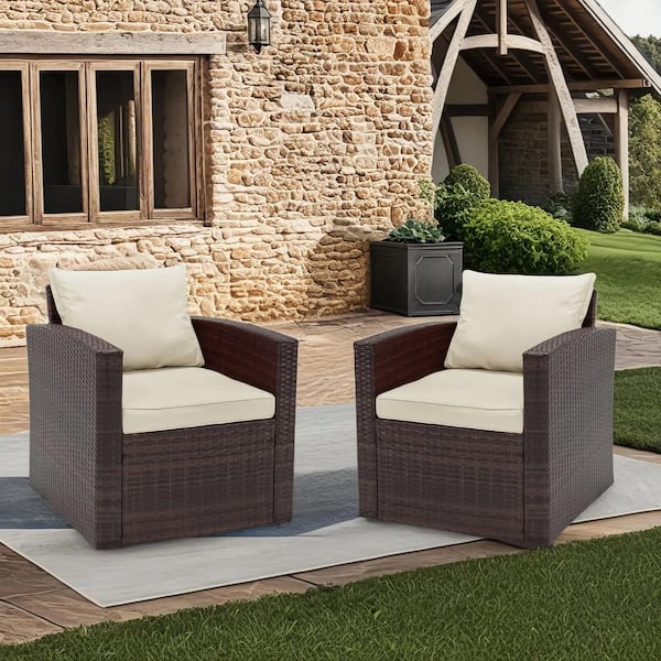 Rattania 2 Piece Dark Brown Wicker Outdoor Chairs with Beige Cushions (2-Pack)