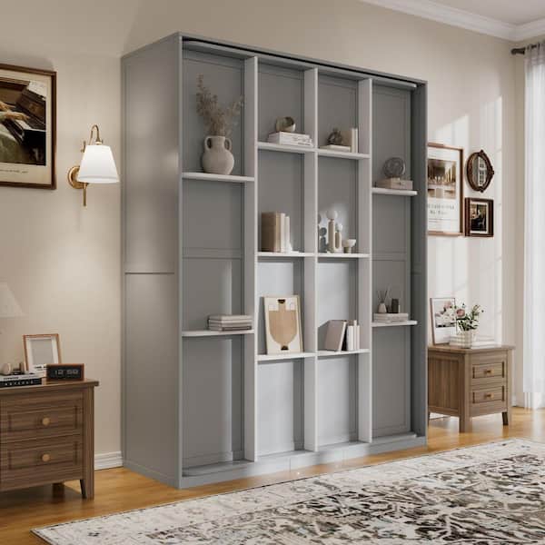 Forrest Gray Wood Frame Queen Size Murphy Bed, Wall Bed with Hidden Storage Racks